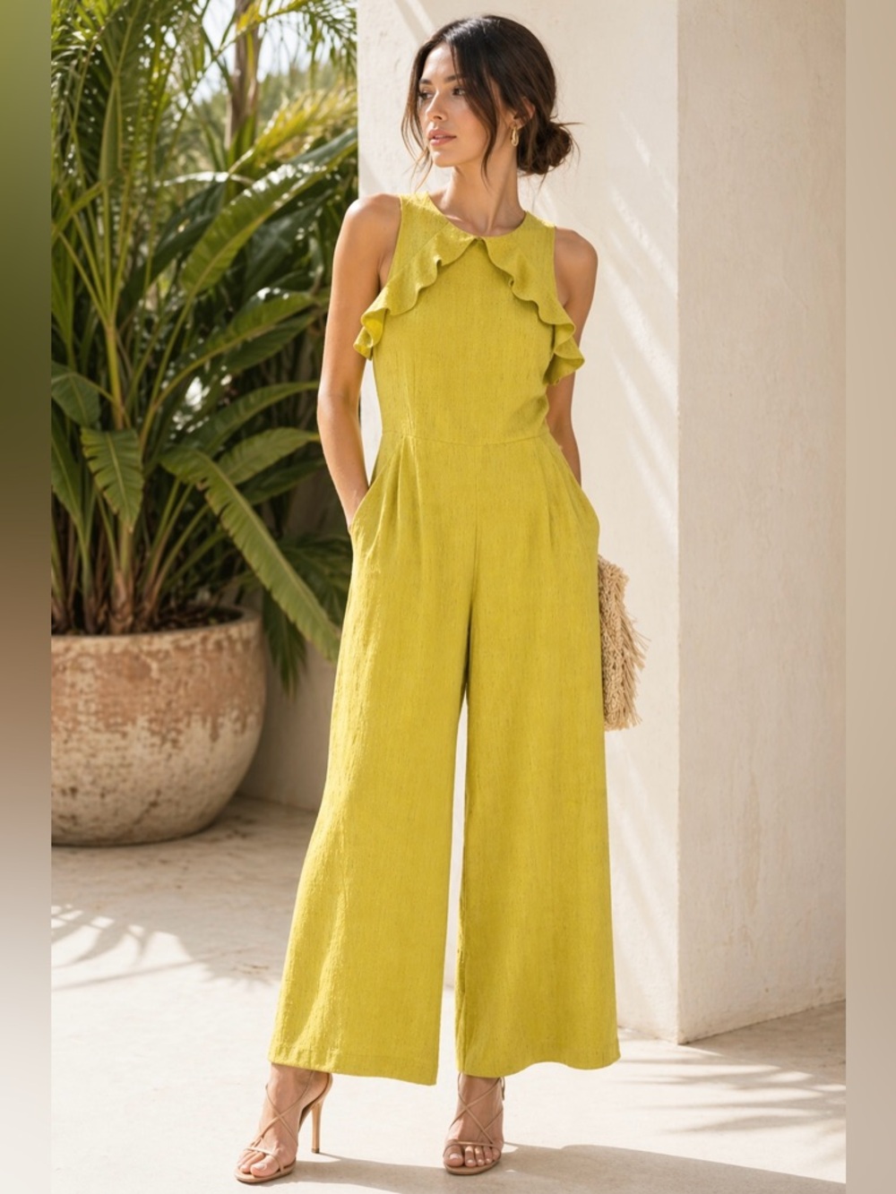 Whistles Yellow Ruffle Cutout Back Wide Leg Jumpsuit US 6 UK 10